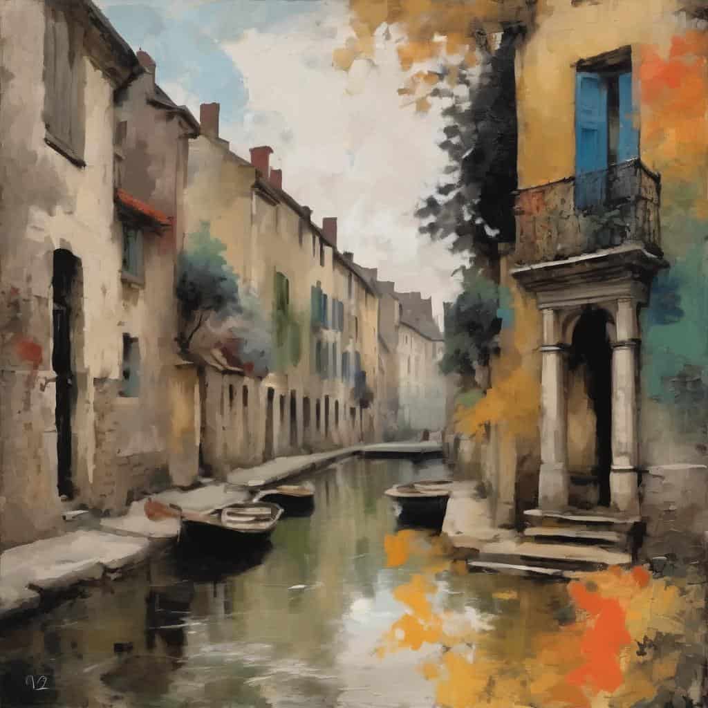 Μοντέρνο πίνακα με παραδοσιακές ευρωπαϊκές πολυκατοικίες και κανάλι, καλλιτεχνική δημιουργία.