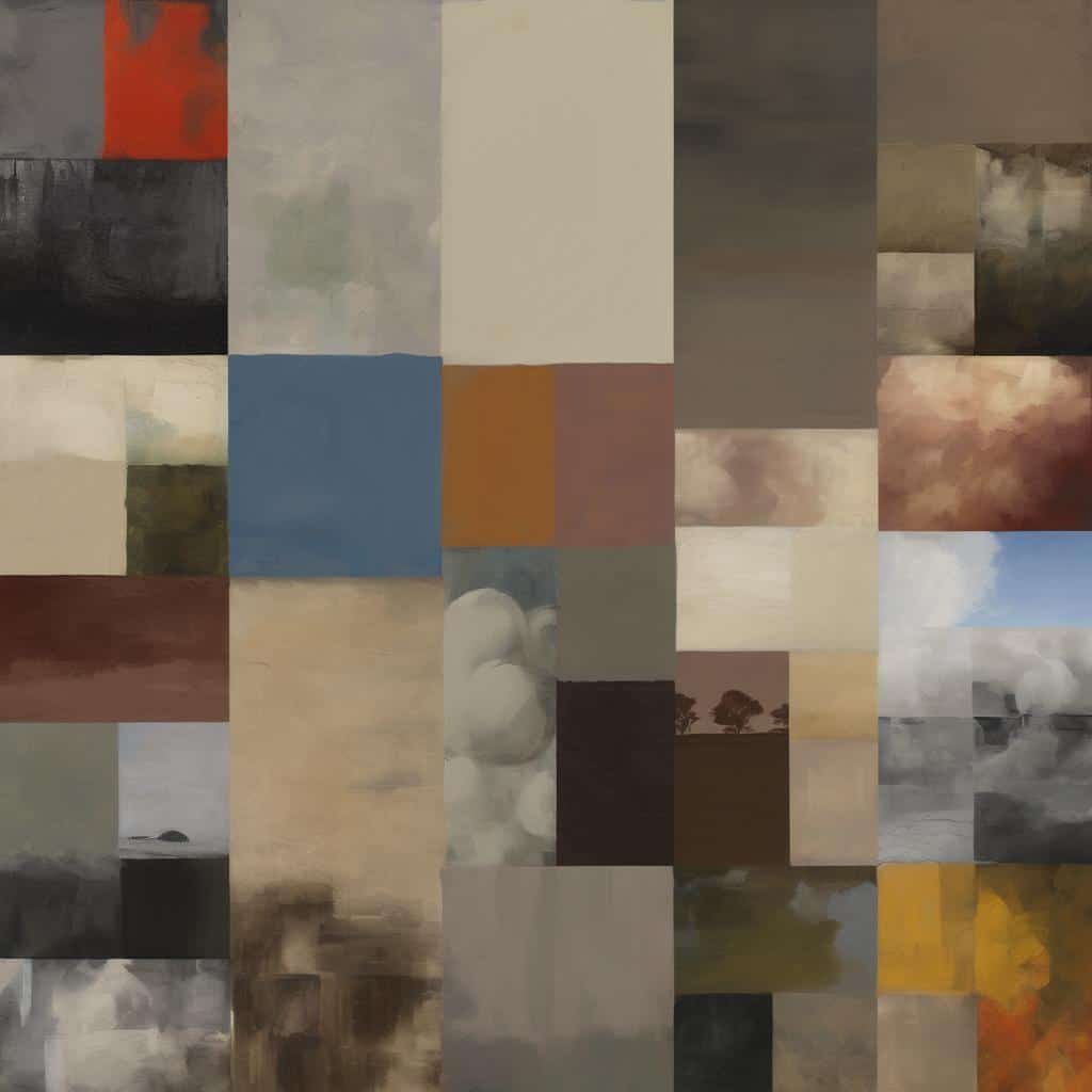 Σύνθετη αφίσα τέχνης και πολιτισμού με ζωγραφικά έργα και χρώματα.