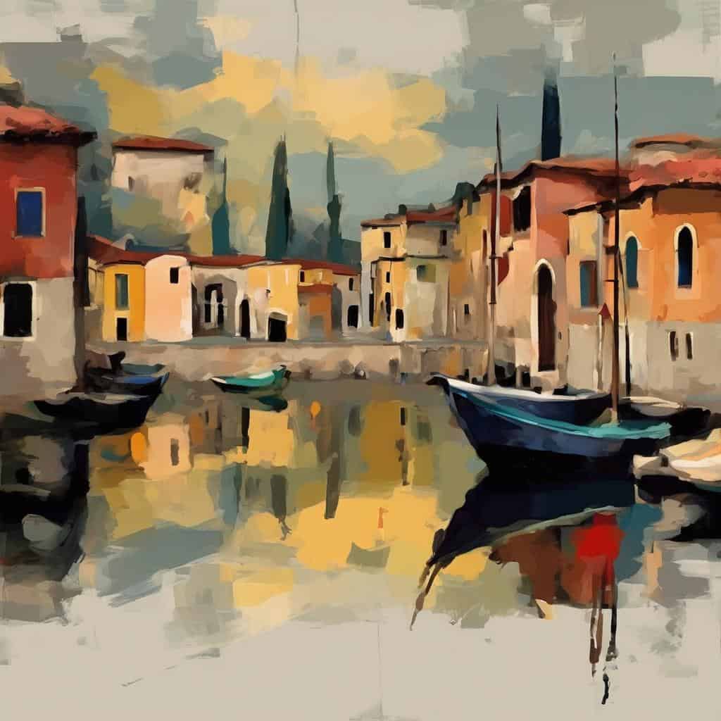 Παραδοσιακά ελληνικά σπίτια δίπλα σε κανάλι, ελαιογραφία με πολιτιστική δημιουργία και τέχνες.