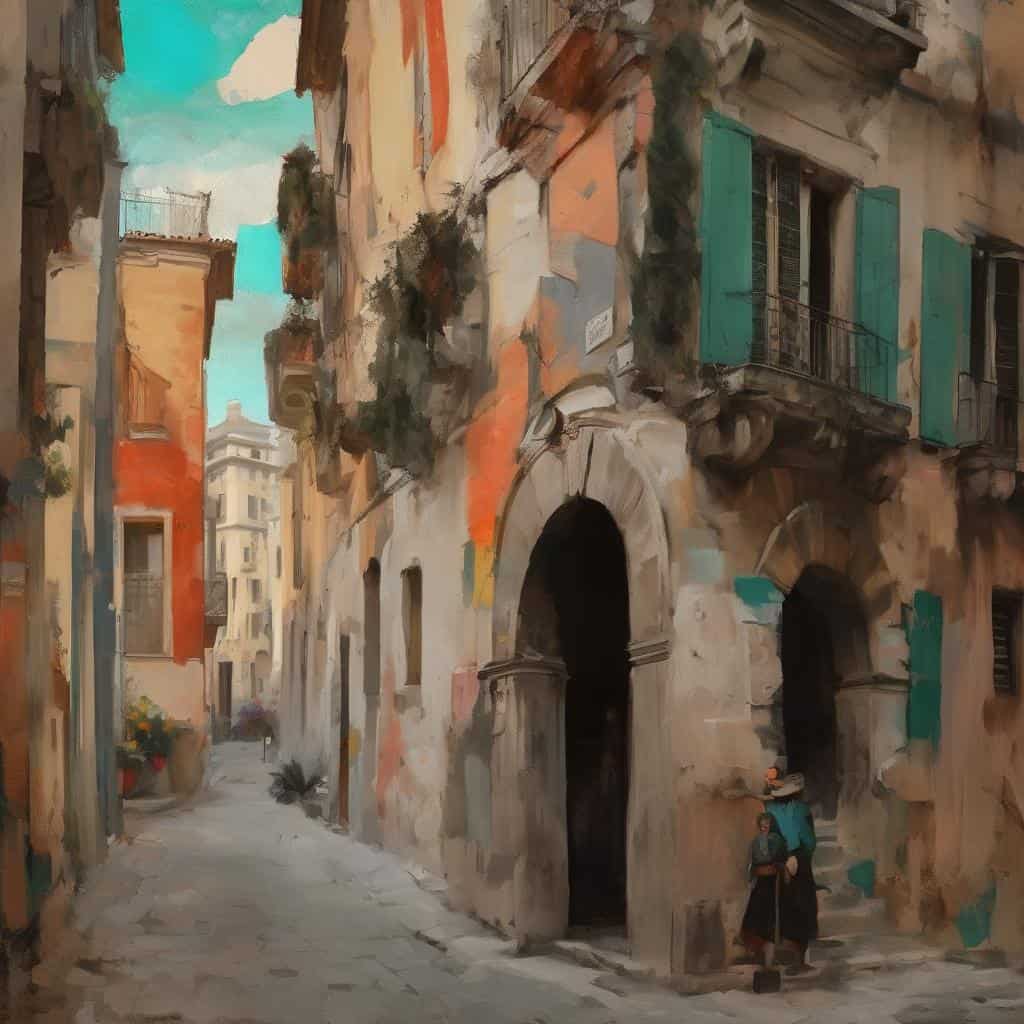 Στενό με παλιά κτήρια, ζωγραφική απεικόνιση, πολιτιστική και καλλιτεχνική αίσθηση στην πόλη, δημιουργώντας μια εικόνα πολιτιστικής κατάστασης.