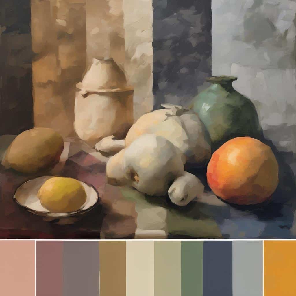 Κεραμικά και φρούτα σε still life, πολιτιστική δημιουργία και τέχνη, ελληνική τέχνη και πολιτισμός, ζωγραφική ρεαλιστική, καλλιτεχνική σύνθεση.