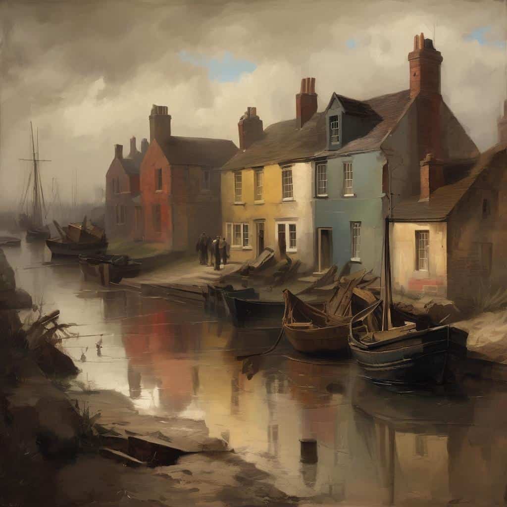 παλιό λιμάνι με σπιτια και βαρκες, ρετρό καλοκαιρινή εικόνα με σύννεφα και αντανακλάσεις, δημιουργία και πολιτιστική κατάσταση, καλλιτεχνική ζωγραφική.